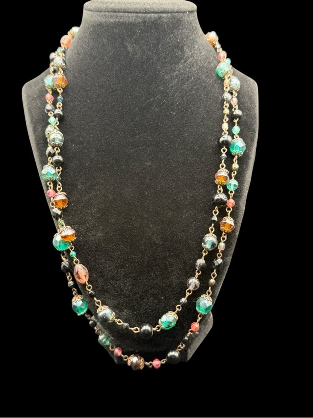 Multi-Color Beaded Opera Length Necklace with Gold Accents